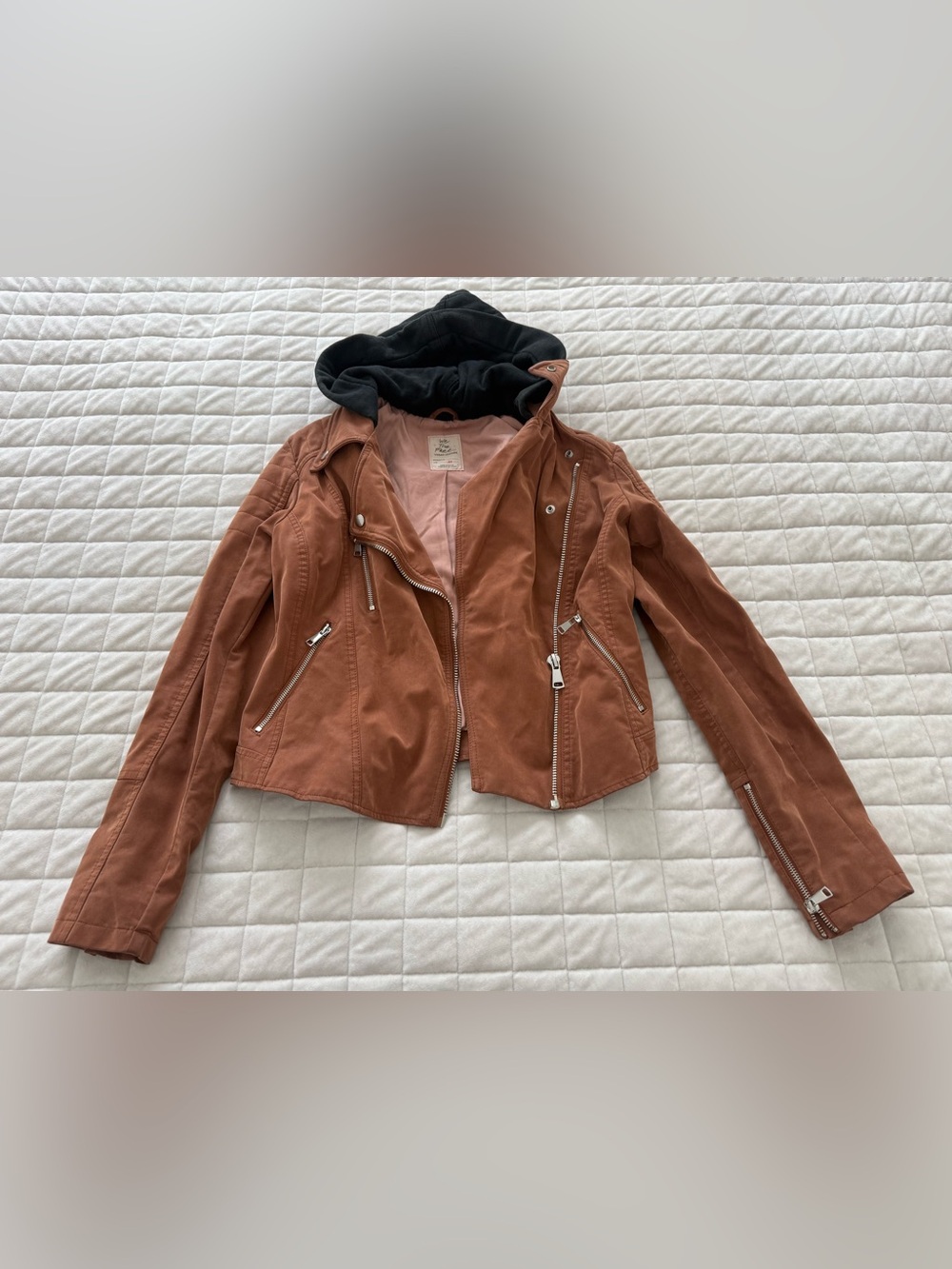 Free People Rust Colored Soft Leather Moto Jacket with Black Hood
